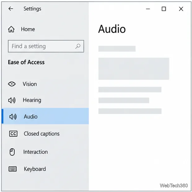 Ease of Access settings with Audio selected in the left navigation