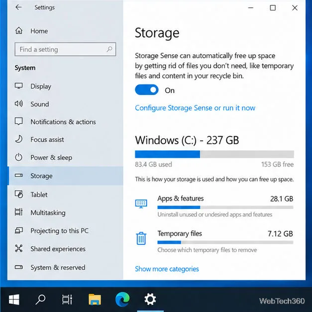 Configurações de armazenamento do Windows 10 com a categoria Sistema e reservados listada.