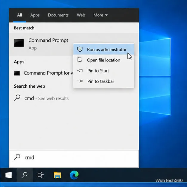 No Windows 10, abra o menu Iniciar, pesquise com o Prompt de Comando selecionado e a opção "Executar como administrador" marcada.