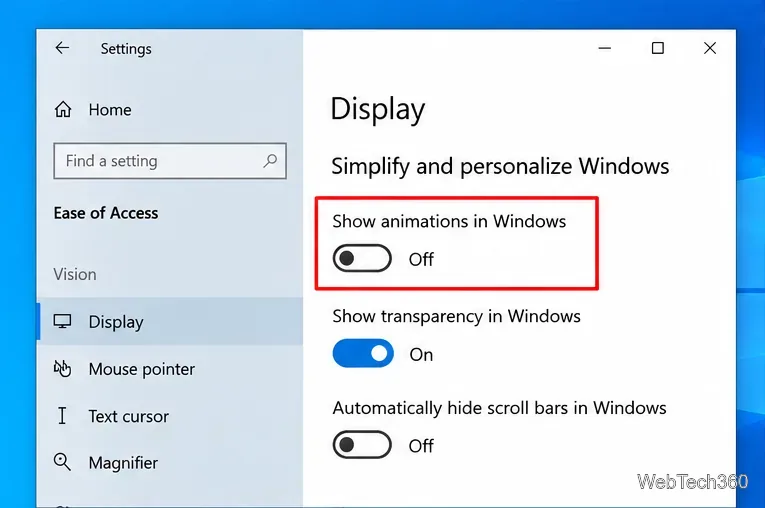 В настройках дисплея Windows 10 отключена опция «Показывать анимацию в Windows».