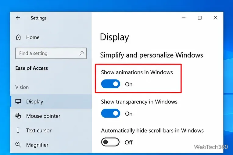 В настройках дисплея Windows 10 включена опция «Показывать анимацию в Windows».