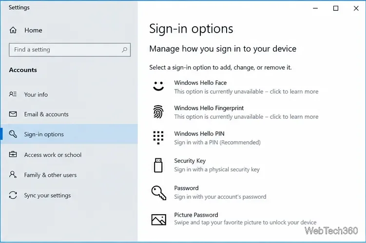 Page des options de connexion de Windows 10 affichant le code PIN Windows Hello, la clé de sécurité et le mot de passe