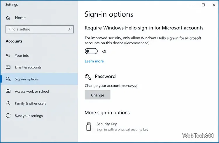 Page des options de connexion Windows 10 avec l'option « Exiger la connexion Windows Hello pour les comptes Microsoft » désactivée.