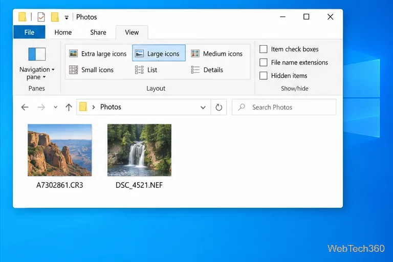 Иллюстративный вид ленты «Проводник» в Windows 10 с выделенными крупными значками.