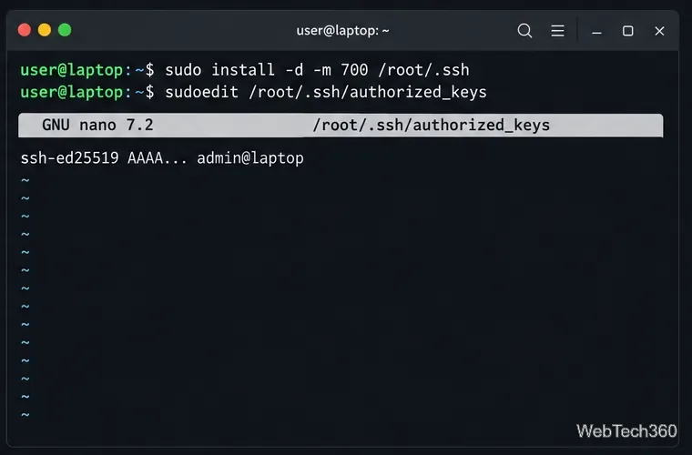 Edytor terminala otwiera plik authorized_keys użytkownika root po utworzeniu katalogu SSH użytkownika root