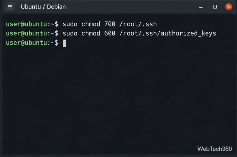 Terminal Linux korygujący własność i ograniczone uprawnienia plików kluczy SSH root