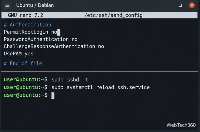 Konfiguracja serwera OpenSSH ustawiona na PermitRootLogin no, po której następują polecenia walidacji i ponownego ładowania usługi