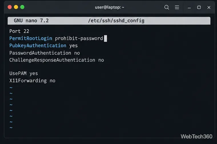 Konfiguracja serwera OpenSSH pokazująca PermitRootLogin ustawiony na prohibit-password