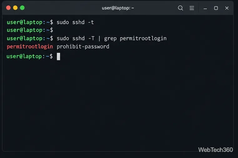 Terminal uruchamiający walidację konfiguracji sshd i drukujący efektywną wartość PermitRootLogin