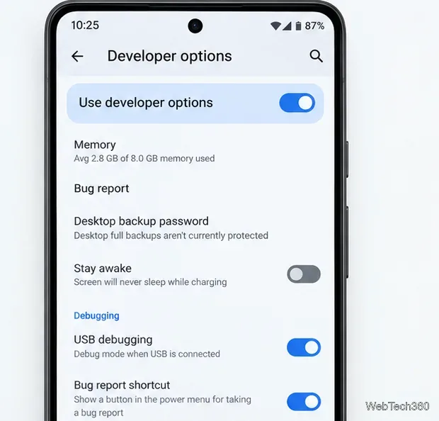 Android Developer options screen with USB debugging and Bug report shortcut enabled