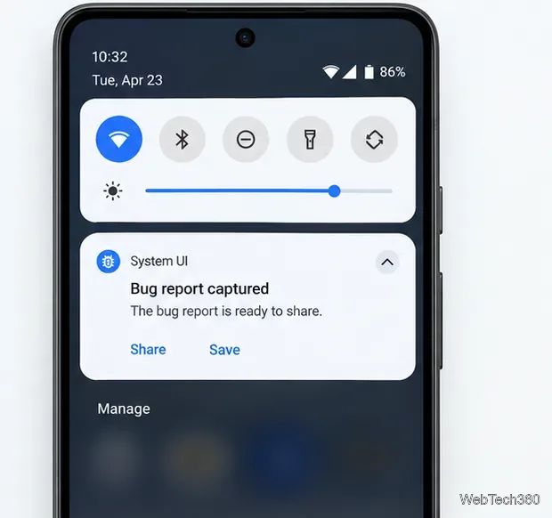 Android notification panel showing a completed Bug report captured notification with share and save actions