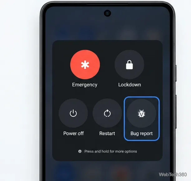 Android power menu showing the Bug report button beside power and restart controls