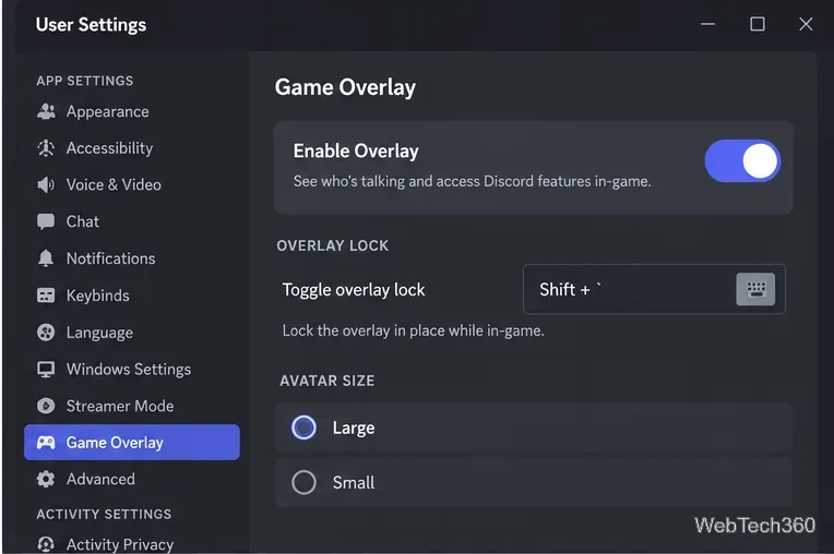В настройках пользователя Discord отображается оверлей игры с включенным переключателем «Включить оверлей».