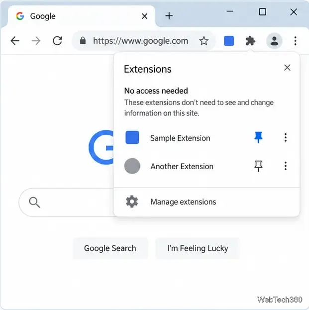 Extensiile din Chrome apar cu o extensie fixată cu albastru și pictograma acesteia vizibilă pe bara de instrumente.