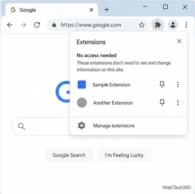 Fereastra pop-up Extensii din Chrome listează două extensii instalate cu controale PIN lângă fiecare intrare.