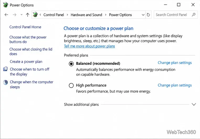 Windows 10 Control Panel Power Options with Balanced and High performance plans and Additional plans collapsed