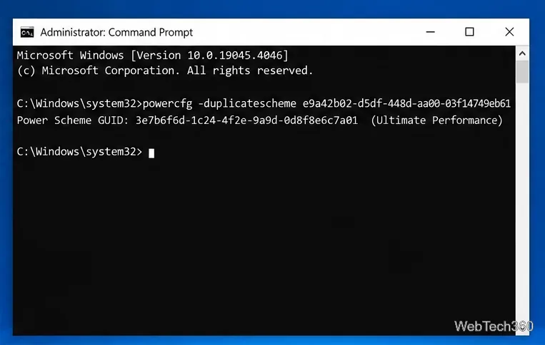Administrator Command Prompt showing the Ultimate Performance powercfg command and a generated scheme GUID