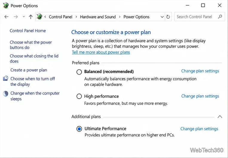 Windows 10 Power Options with Additional plans expanded and Ultimate Performance selected