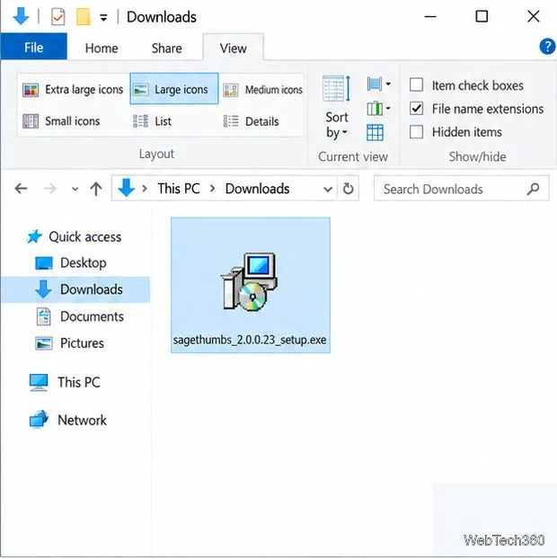 Pasta de Downloads do Windows 10 com o arquivo sagethumbs_2.0.0.23_setup.exe selecionado.