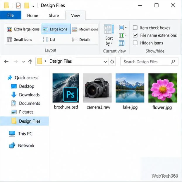 O Explorador de Arquivos do Windows 10 exibe miniaturas de imagens para arquivos PSD e RAW na visualização de ícones grandes.