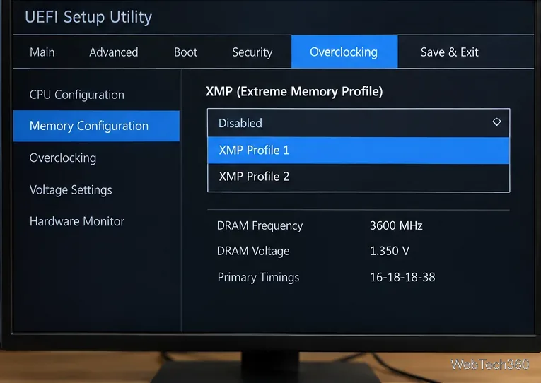 UEFI memory settings menu with XMP Profile 1 selected and example memory frequency, voltage, and timings