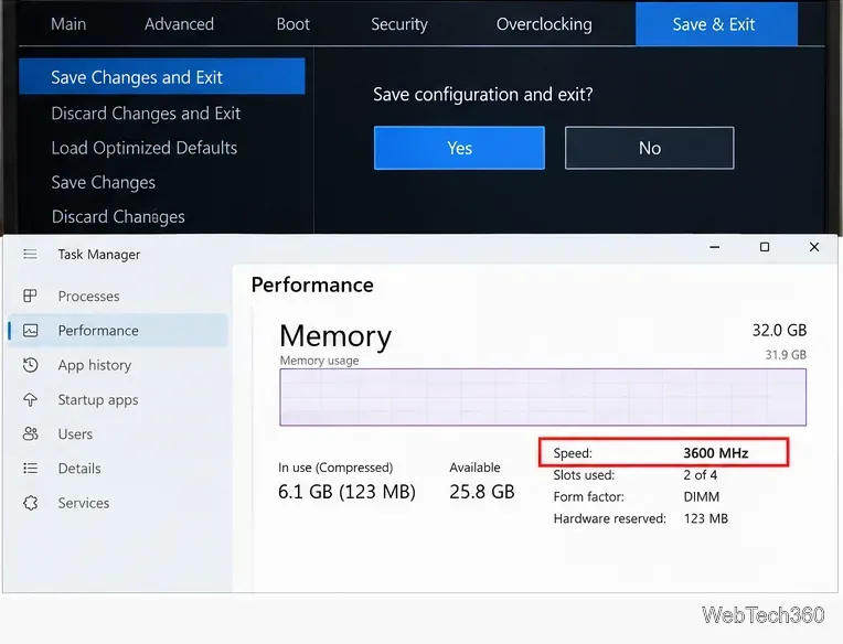 UEFI Save Changes and Exit screen above Windows Task Manager Memory view showing an example 3600 MHz speed