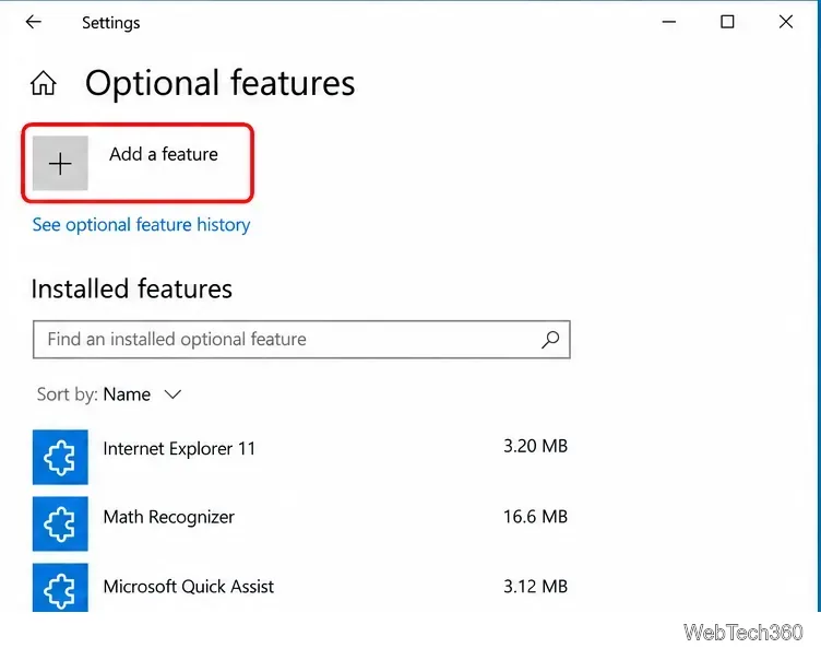 Windows 10 Optional features page with Add a feature highlighted