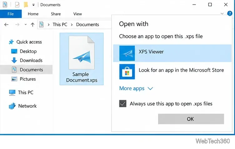 Windows 10 Open with dialog showing XPS Viewer for a selected XPS file