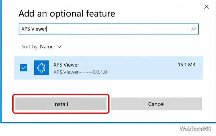 Windows 10 Add an optional feature dialog with XPS Viewer selected and Install highlighted