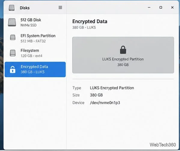 GNOME Disks showing a newly created 380 GB LUKS encrypted partition in the locked state