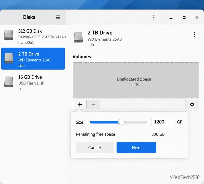 GNOME Disks showing unallocated space and a size slider for a new partition