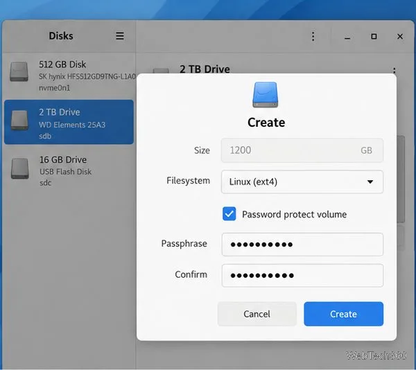 GNOME Disks partition creation dialog with a Linux filesystem and Password protect volume enabled