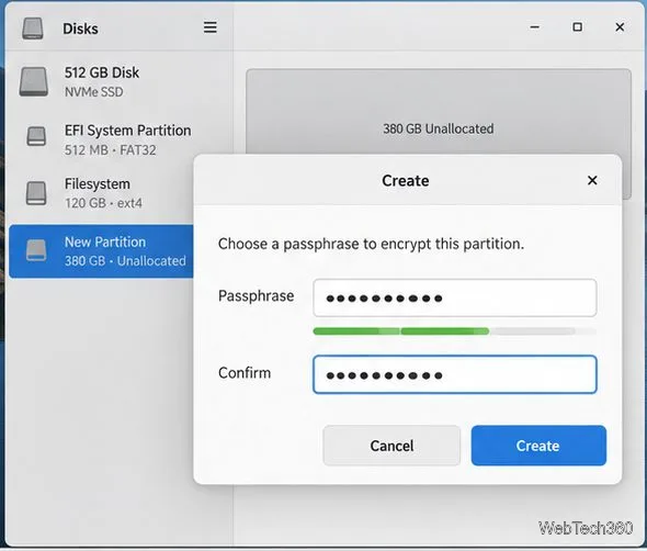GNOME Disks passphrase prompt with masked passphrase and confirmation fields