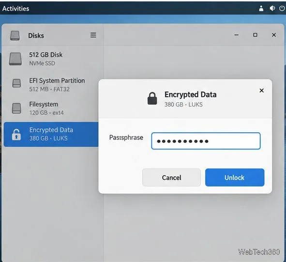 GNOME Disks passphrase dialog asking to unlock an encrypted data partition
