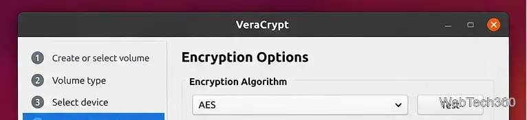 AESを選択したVeraCrypt暗号化オプション画面