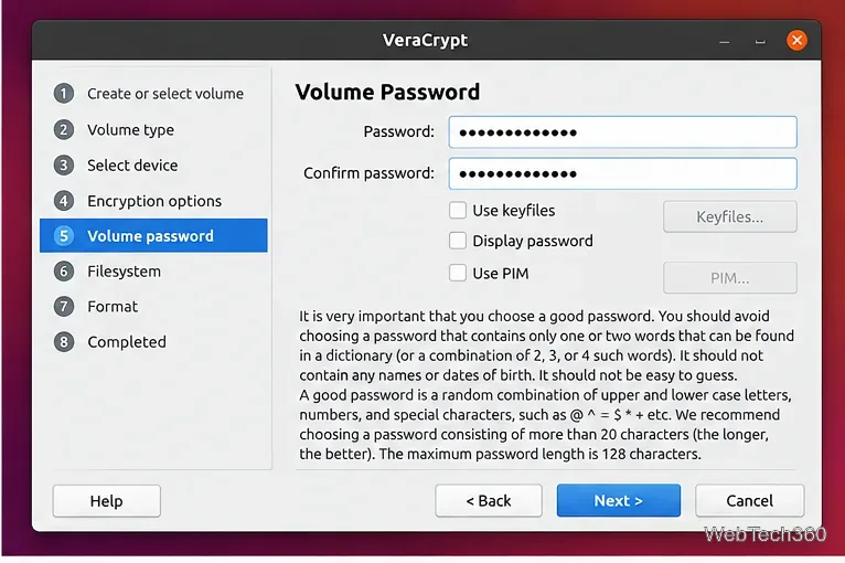 VeraCryptボリュームパスワード画面(パスワードと確認フィールドが入力済み)