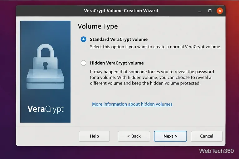 VeraCryptボリュームタイプ画面で、標準VeraCryptボリュームが選択されています。