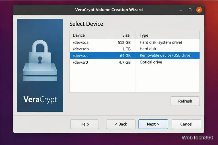 VeraCryptのデバイス選択画面で、取り外し可能なUSBデバイスがハイライト表示されている。