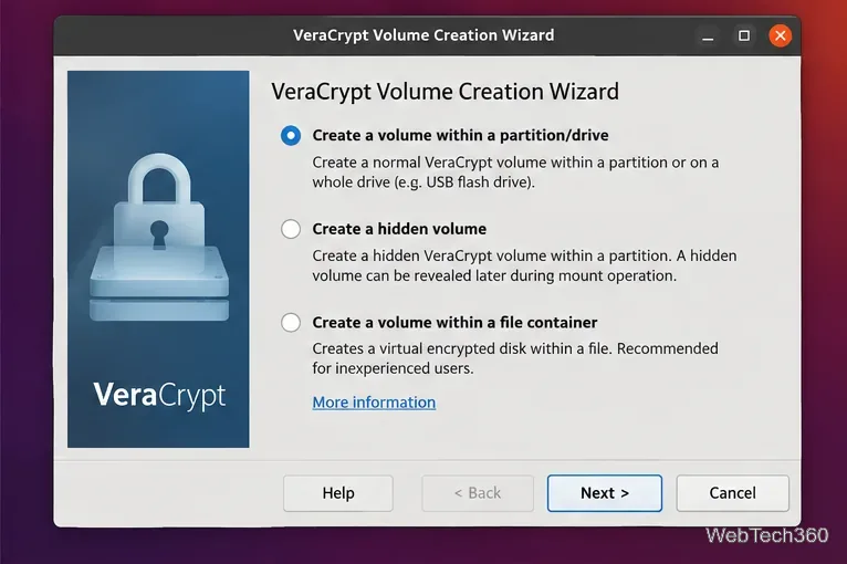 パーティションまたはドライブのオプションを選択したVeraCryptボリューム作成ウィザード