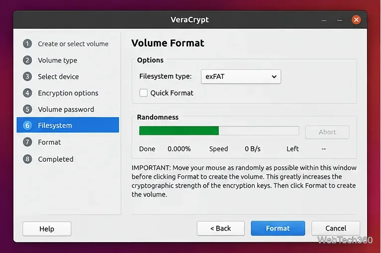 VeraCryptのボリュームフォーマット画面で、exFATが選択され、クイックフォーマットのチェックが外れている。