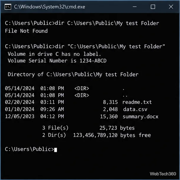 Illustrative Command Prompt showing an unquoted My test Folder path returning File Not Found, followed by the quoted path listing the folder.