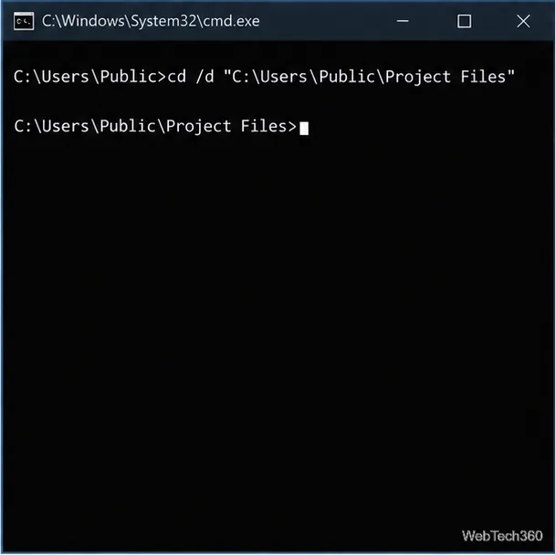 Illustrative Command Prompt changing to C:\Users\Public\Project Files with cd /d and a quoted path.