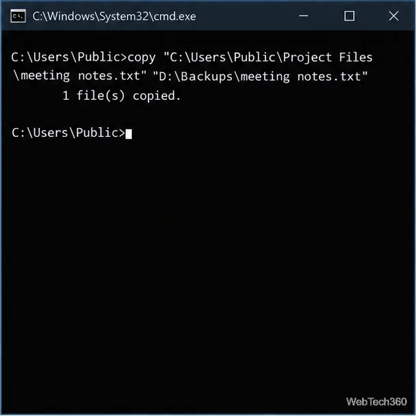 Illustrative Command Prompt copying meeting notes.txt from Project Files to Backups, with both full paths in quotation marks.