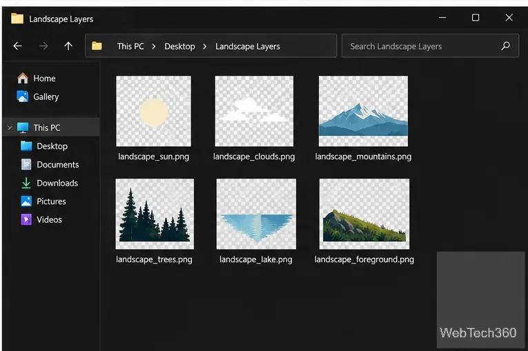 Carpeta del Explorador de archivos que contiene imágenes PNG separadas con un prefijo de paisaje compartido y nombres de capas individuales.
