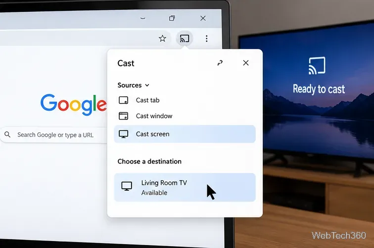 O menu do Chromecast exibe a tela de transmissão e a opção "TV da sala de estar" ao lado da televisão.