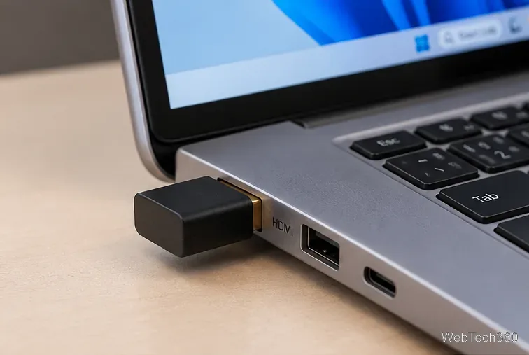 Pequeno emulador de tela HDMI preto inserido na saída de vídeo de um laptop Windows prateado