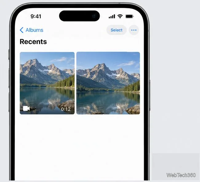 A Photos Recents grid showing the source video thumbnail beside a still image from the same mountain lake clip.