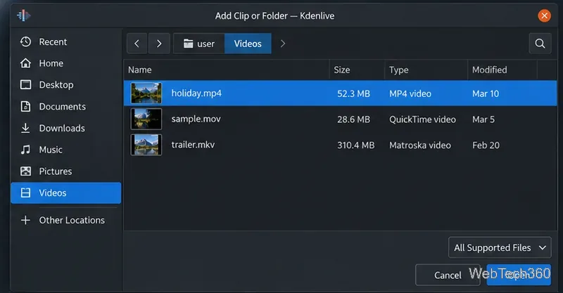 Linux上のKdenliveで、ビデオファイルが選択された状態で「クリップまたはフォルダーの追加」ダイアログが表示されます。
