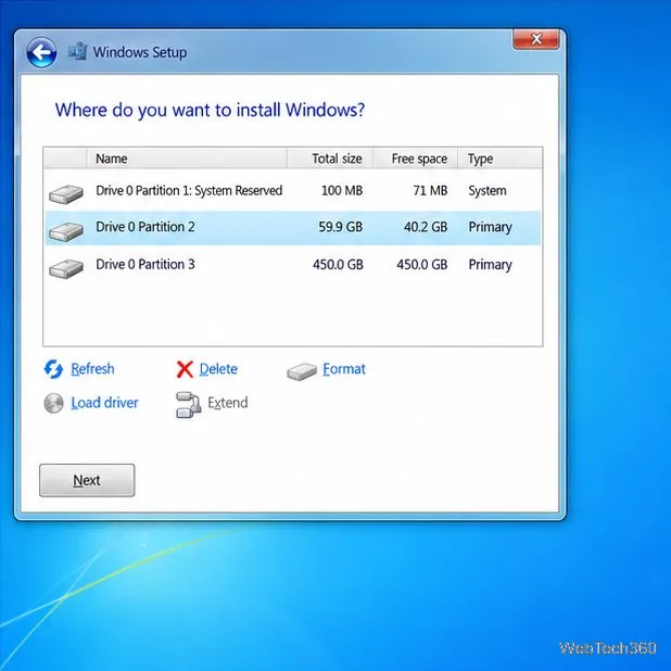Lista de partiții din programul de instalare Windows cu partițiile de sistem și de date vizibile