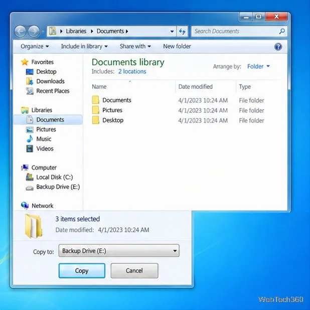 Exploratorul de fișiere din Windows 7 selectează Documente, Imagini și Desktop pentru copierea pe o unitate de backup externă